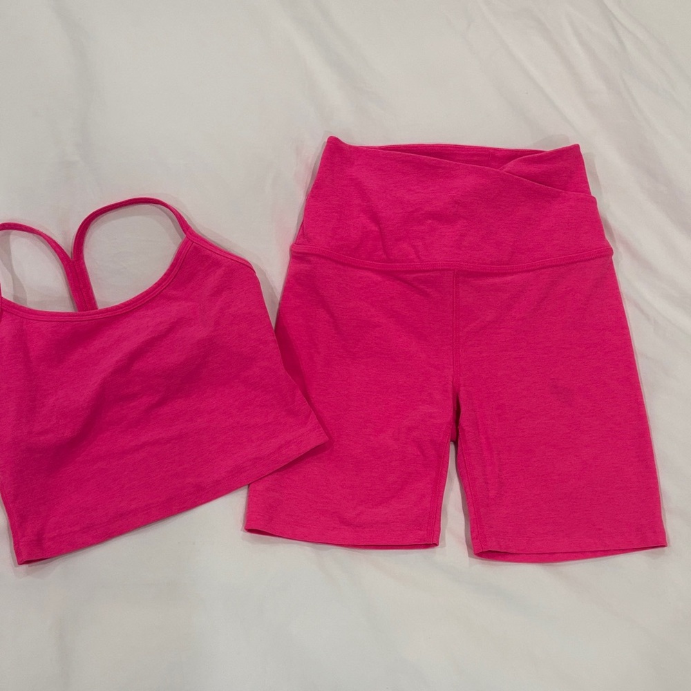Beyond Yoga Pink Bike Shorts & Cropped Top Set